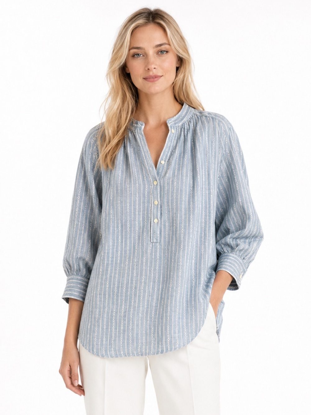 FRYE Gray Diamond Jacquard 100% Cotton Blouse. Small. 3/4 Sleeves. New With Tags